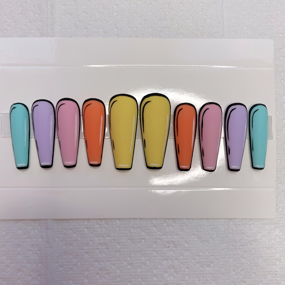 Custom press on nails cartoon trend design, Size medium long coffin, Multicolor